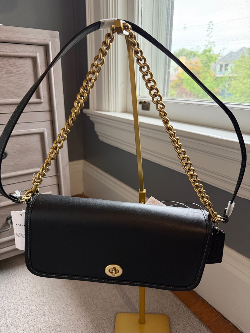 Coach Black Leather Shoulder Bag with Gold Chain